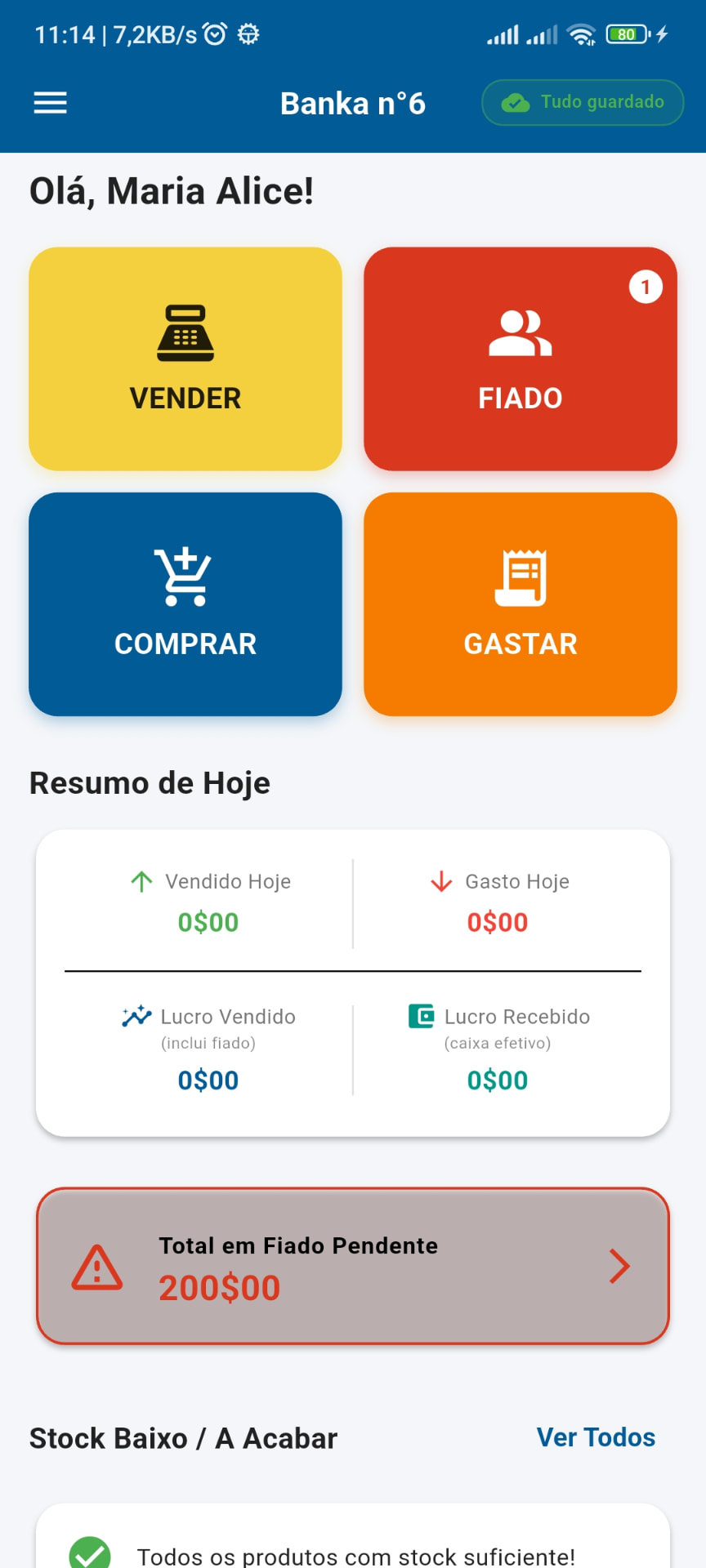 Painel inicial com resumo do dia