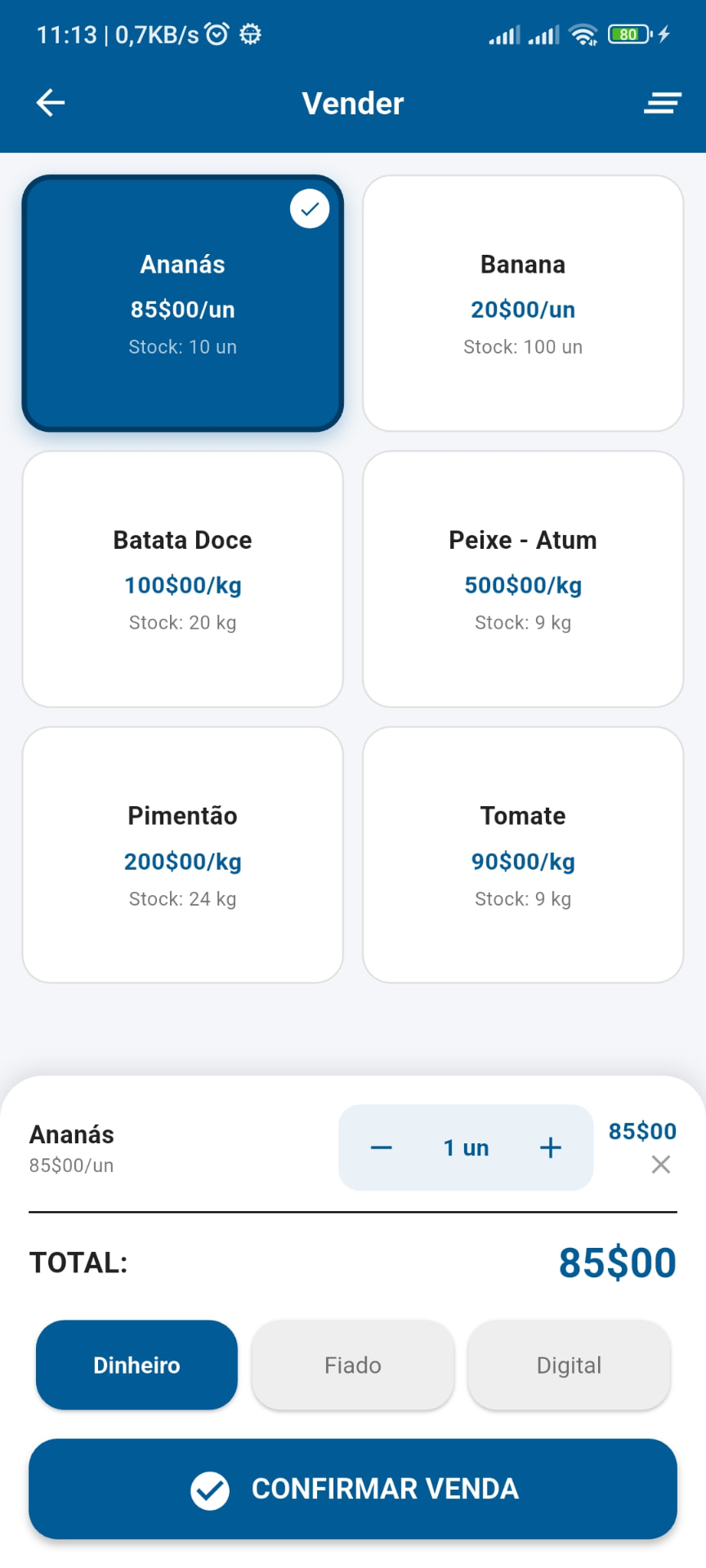Ecrã de venda com seleção de produtos