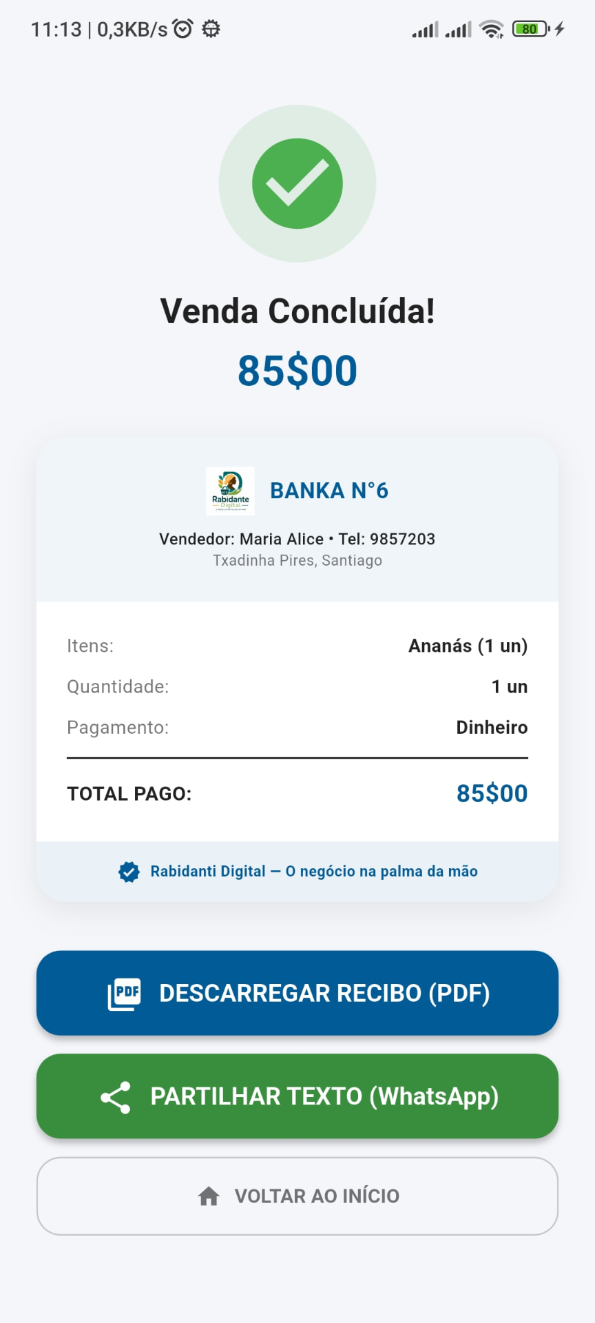 Recibo de venda concluída