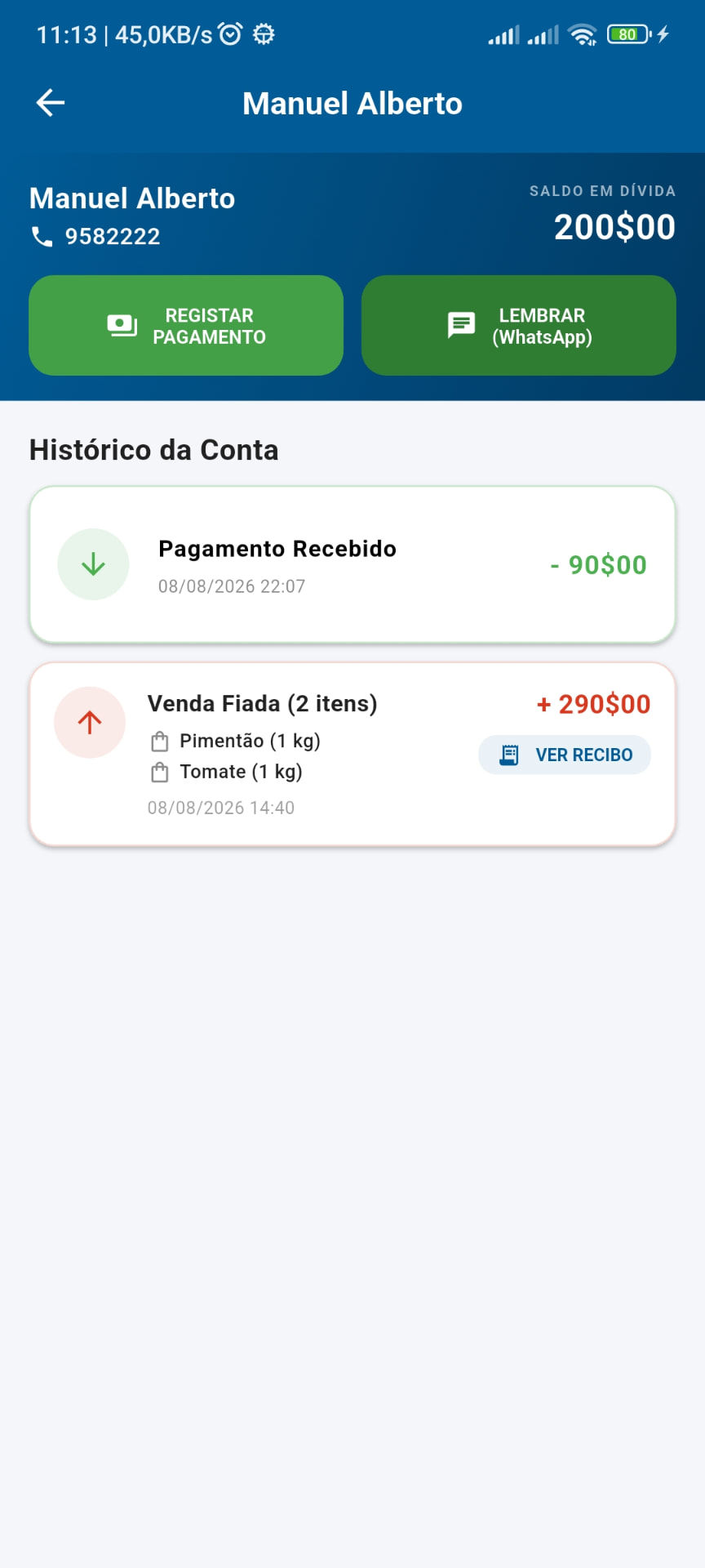 Conta corrente de cliente em fiado