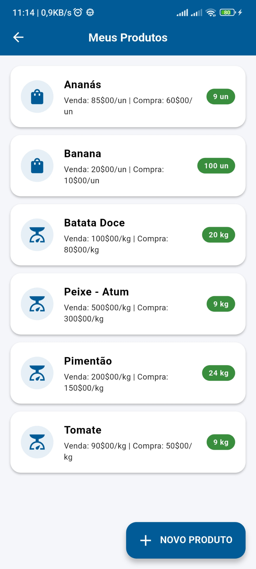 Lista de produtos e stock