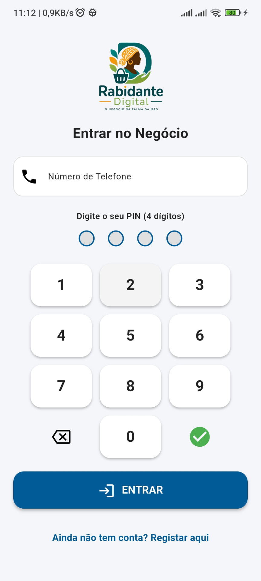 Entrada na conta com PIN